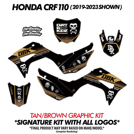 Tan/brown graphic kit decal set for pit bike (shield and side panel decal pieces)