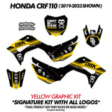 DBK pit bike graphic decal kit with yellow and black panels for side and front covers