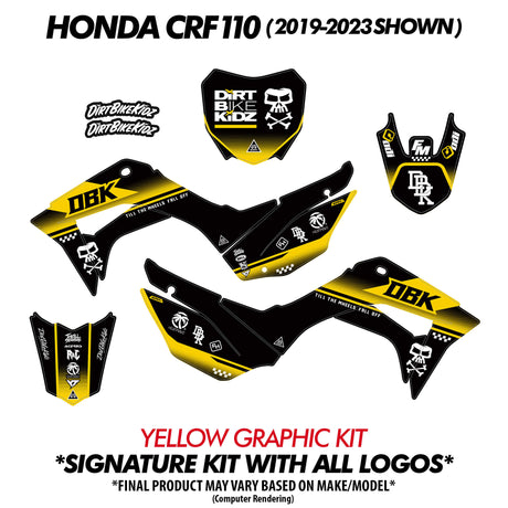 Yellow graphic kit decal set for pit bike (shield and side panel decal pieces)