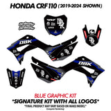 Pit bike graphics kit with black base and blue accents on side panels