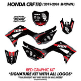 Pit bike graphics kit with black base and red accents, including side panels