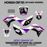 Retro pit bike graphic decal kit layout with purple, pink, and black decals