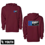 Youth maroon hoodie with front pocket and DBK logo patch on left chest