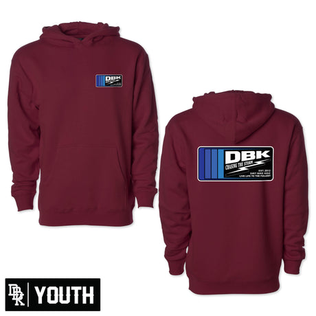 Youth maroon hoodie with front pocket and DBK logo patch on left chest
