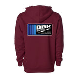 Youth maroon hoodie back view with large DBK logo graphic on center