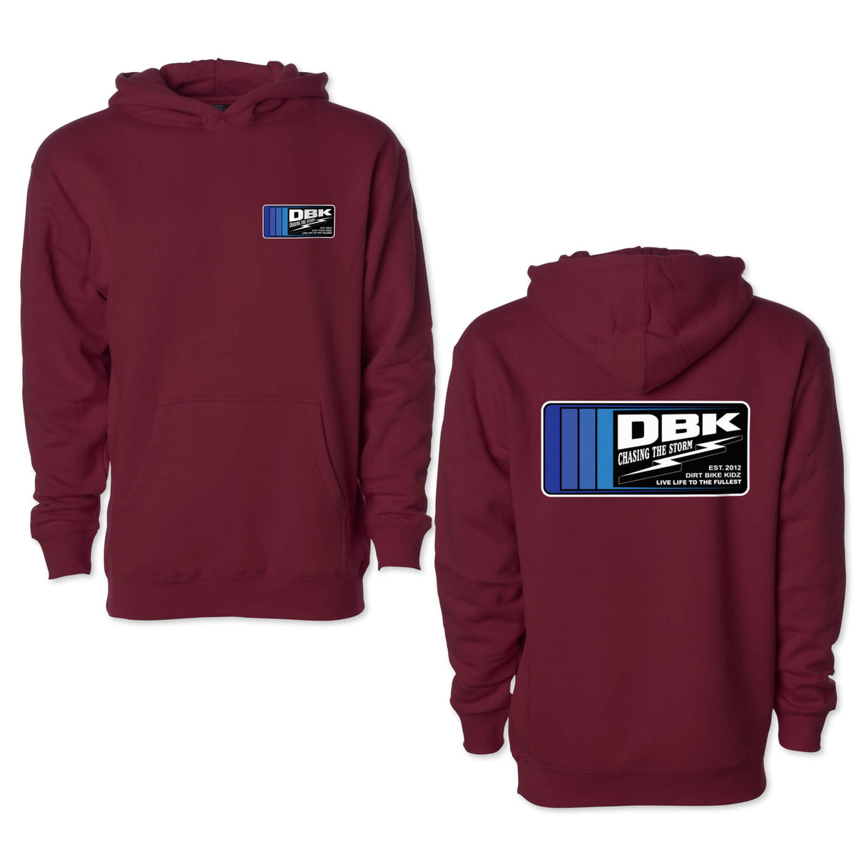 Youth maroon hoodie showing front and back views with DBK logo graphics