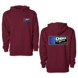 Youth maroon hoodie showing front and back views with DBK logo graphics