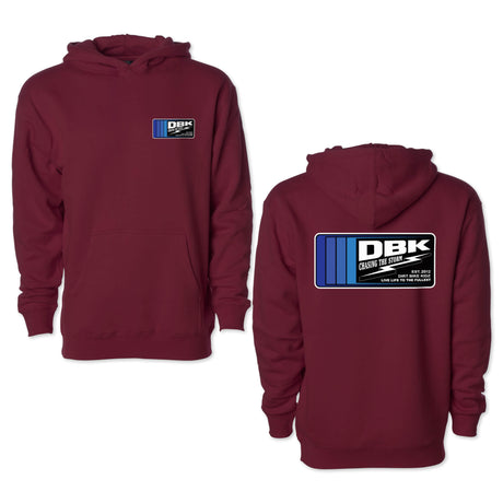 Youth maroon hoodie showing front and back views with DBK logo graphics
