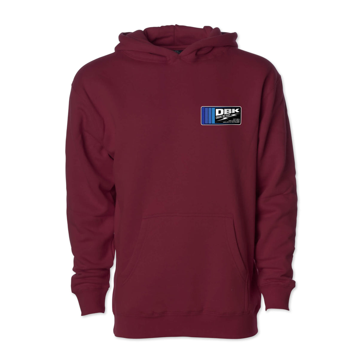 Youth maroon hoodie front view with hood and small DBK logo patch