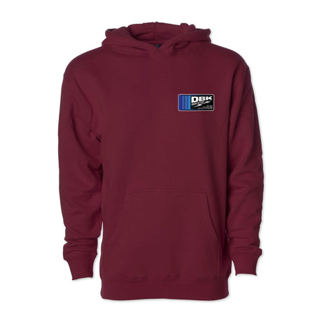 Youth maroon hoodie front view with hood and small DBK logo patch
