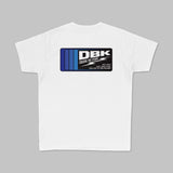 Youth premium tee, white with large blue DBK storm graphic on chest