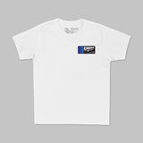 Youth premium tee, white with small blue DBK chest logo and crew neck