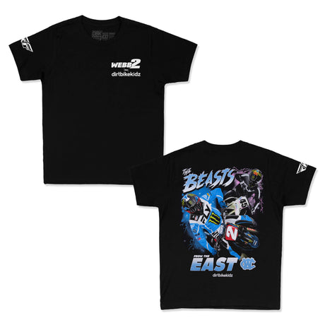 Black youth premium tee with small chest logo and colorful motocross “Beasts” graphic