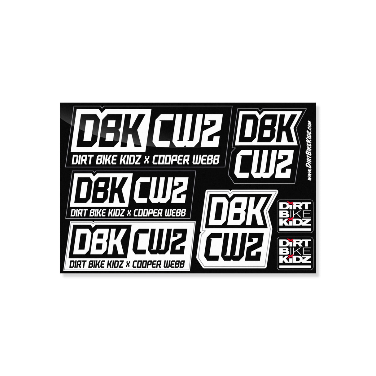 Sticker pack with assorted rectangular DBK CW2 and Dirt Bike Kidz Cooper Webb graphics, black
