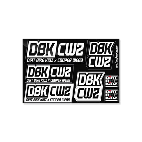 Sticker pack with assorted rectangular DBK CW2 and Dirt Bike Kidz Cooper Webb graphics, black