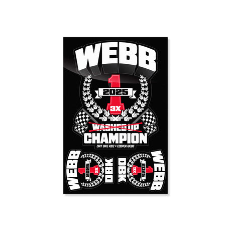 Sticker sheet with WEBB 2025 champion graphic, red number 1 and laurel wreaths