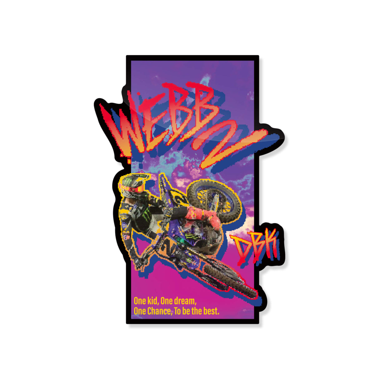 Graffiti sticker with rider on BMX bike and colorful letters on purple background