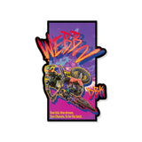 Graffiti sticker with rider on BMX bike and colorful letters on purple background