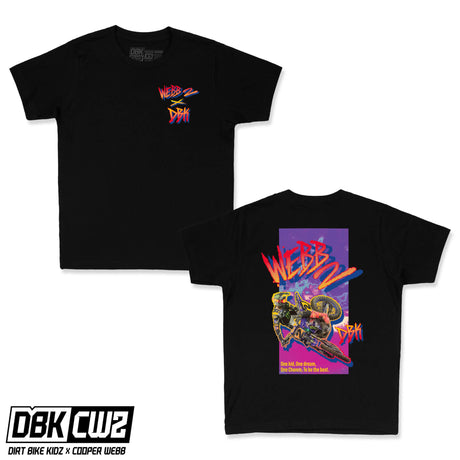 Youth premium black tee with small multicolor WebB2 and DBK chest graphic