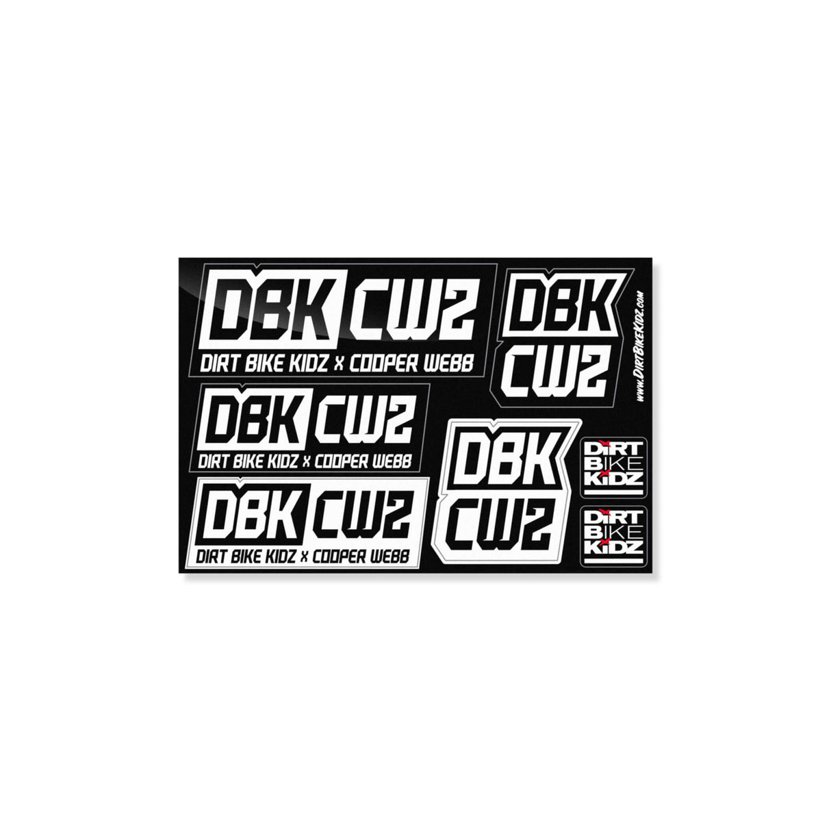Sticker pack with assorted DBK CW2 logo stickers and vertical Dirt Bike Kidz Cooper Webb, black