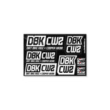Sticker pack with assorted DBK CW2 logo stickers and vertical Dirt Bike Kidz Cooper Webb, black
