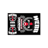 Sticker sheet with WEBB racing collage, red 1, checkered flags, and laurel icons