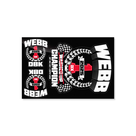 Sticker sheet with WEBB racing collage, red 1, checkered flags, and laurel icons