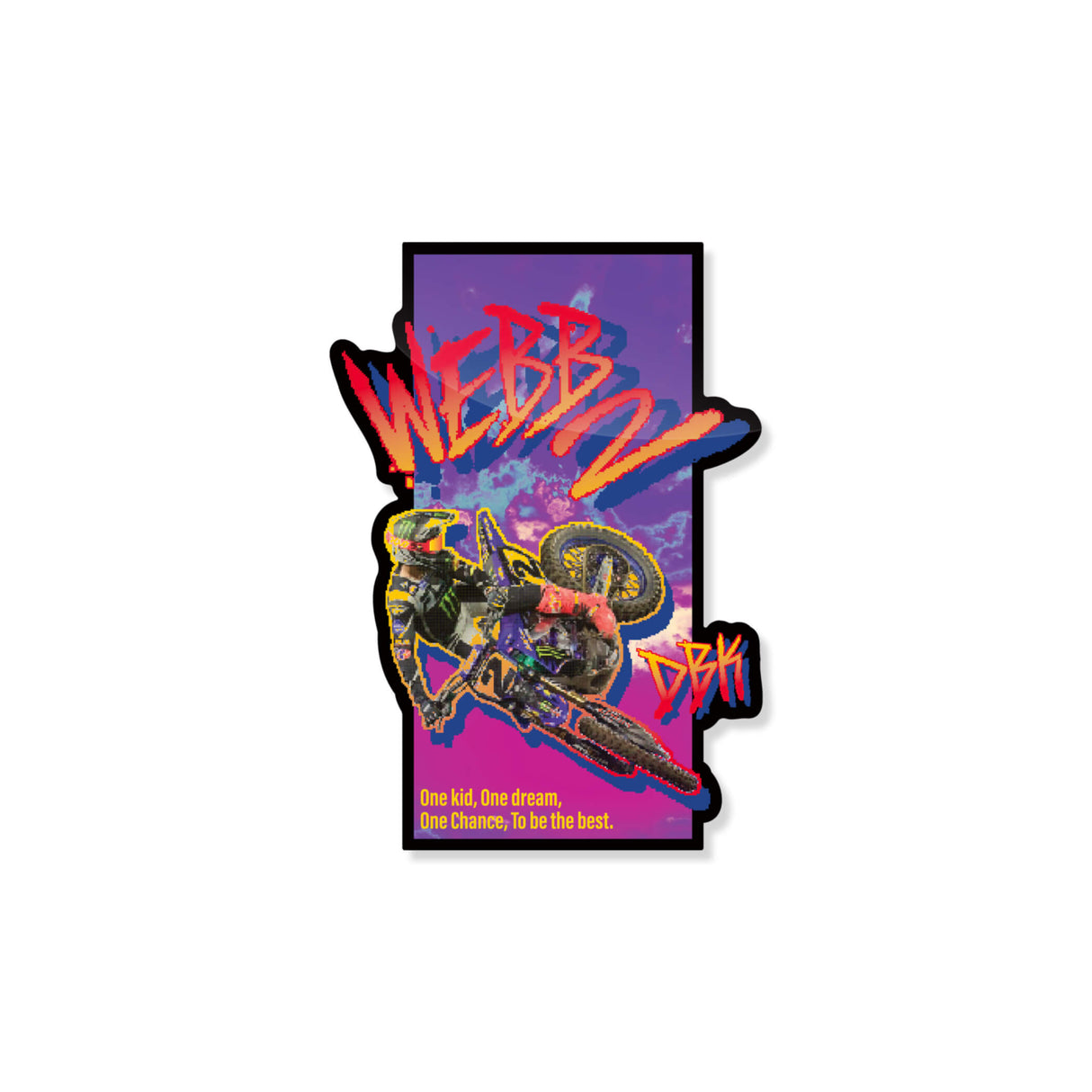 Graffiti sticker with rider on BMX bike, bold red blue letters on purple