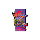 Graffiti sticker with rider on BMX bike, bold red blue letters on purple