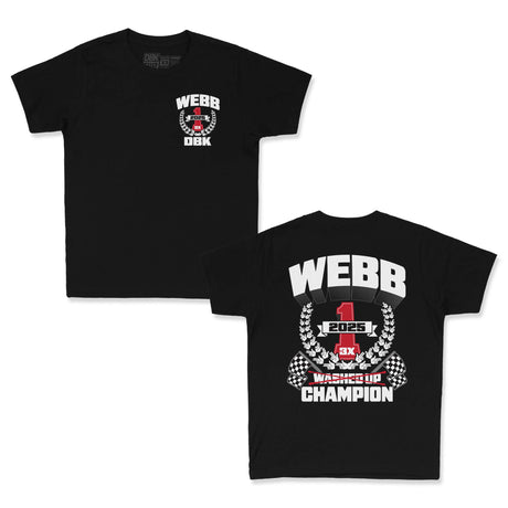 Pair of black youth T-shirts, one front WEBB DBK logo, one back champion print