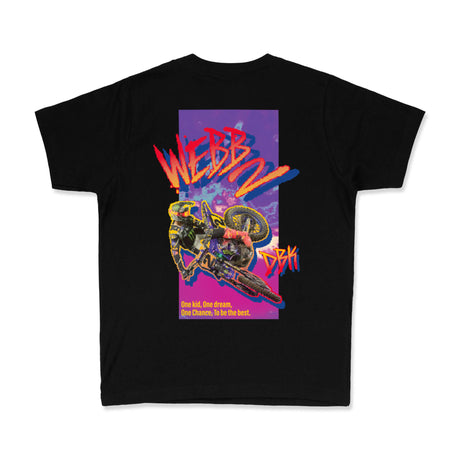 Youth premium black tee with full purple back BMX rider graphic and WebB2