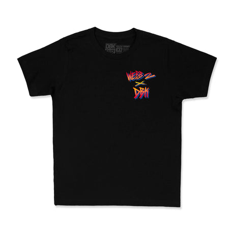 Youth premium black tee with small WebB2 multicolor chest logo