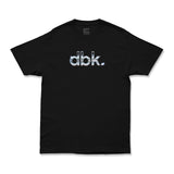 Black crewneck T-shirt with large metallic silver dbk logo at center chest.