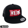 Black trucker hat with red-and-white DB logo patch and mesh side panels