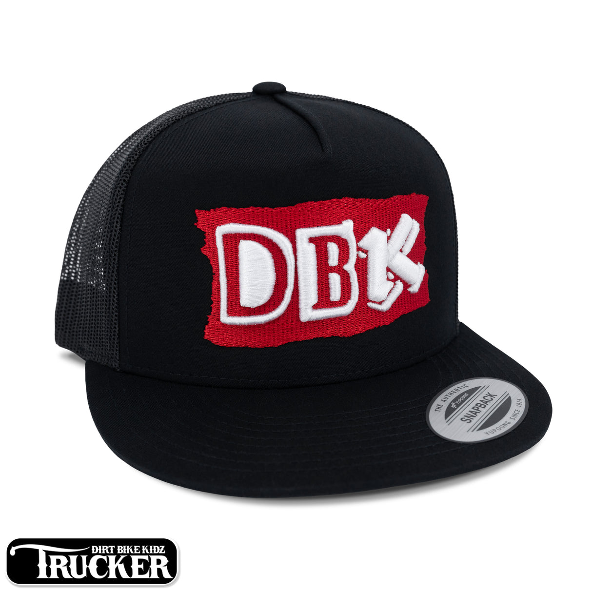 Black trucker hat with red-and-white DB logo patch and mesh side panels