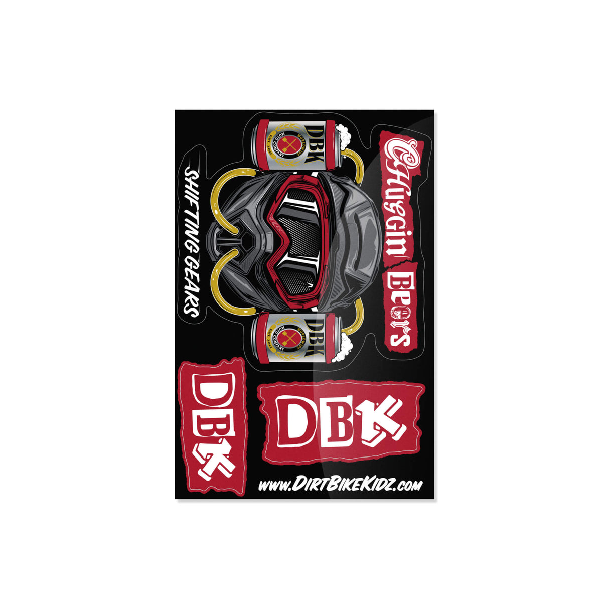 Sticker pack with racing helmet graphic, beer cans, and DBK logo decals
