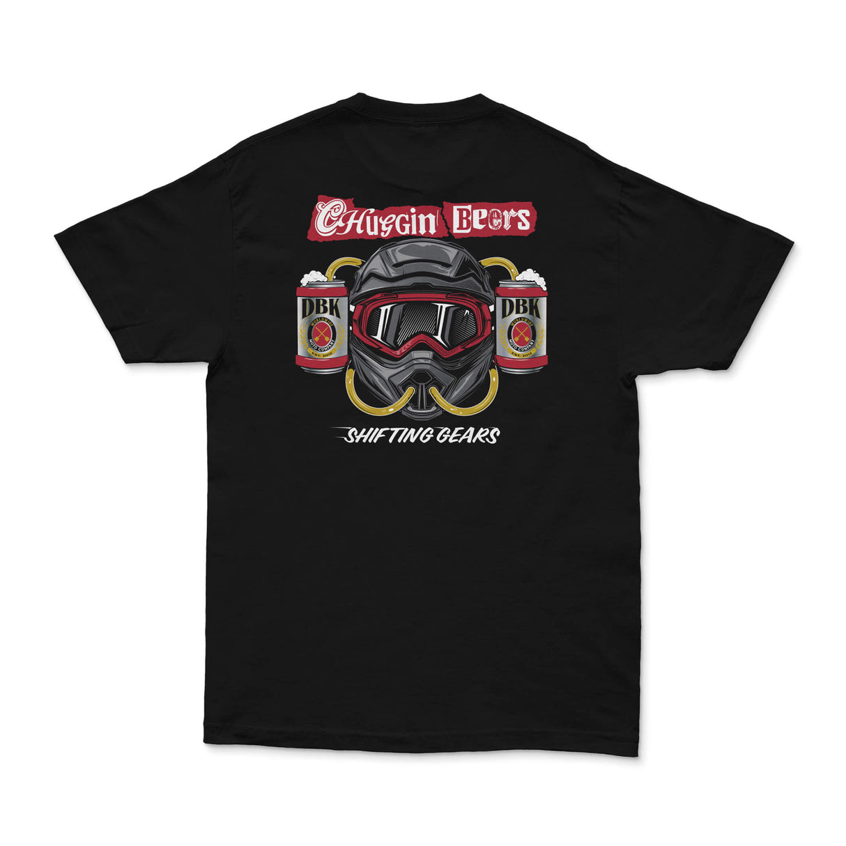 Black Shifting Gears tee with back beer-can and helmet graphic plus SHIFTING GEARS