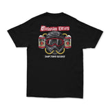 Black Shifting Gears tee with back beer-can and helmet graphic plus SHIFTING GEARS