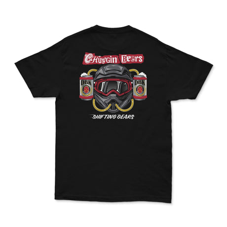 Black Shifting Gears tee with back beer-can and helmet graphic plus SHIFTING GEARS