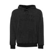 Women’s dark charcoal pullover hoodie with drawstring hood and large front logo graphic