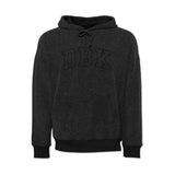 Women’s dark charcoal pullover hoodie with drawstring hood and large front logo graphic