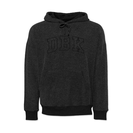 Women’s dark charcoal pullover hoodie with drawstring hood and large front logo graphic
