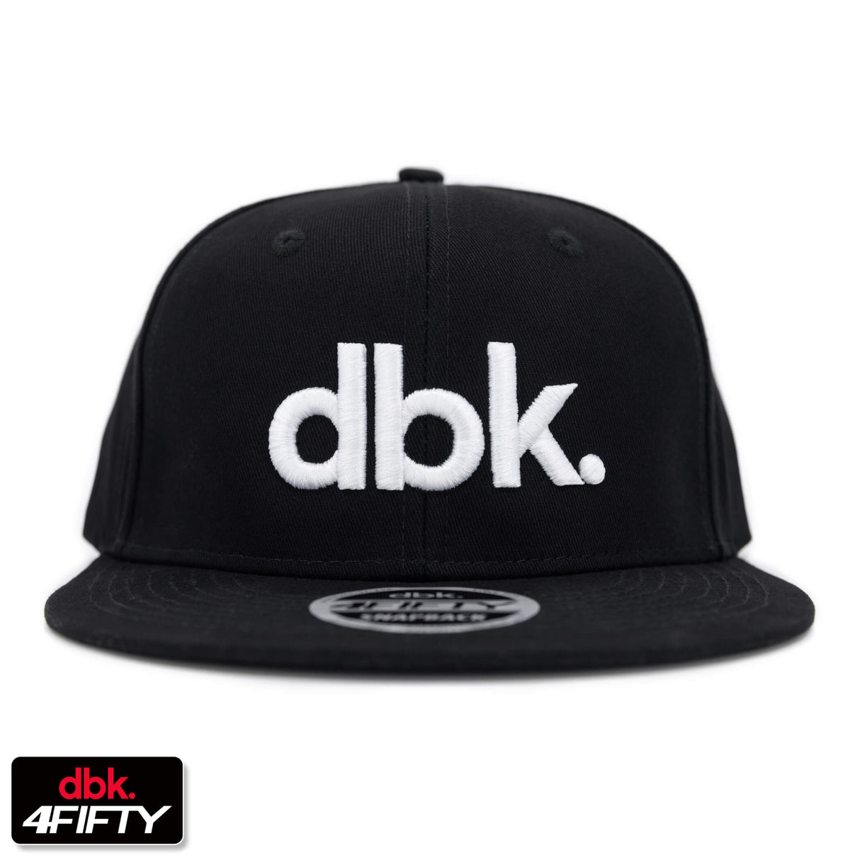 Black snapback cap with white dbk logo on the front panel.