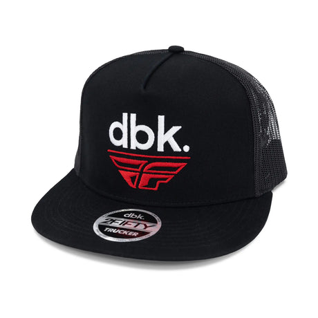 Black dbk trucker cap with red and white logo front panel