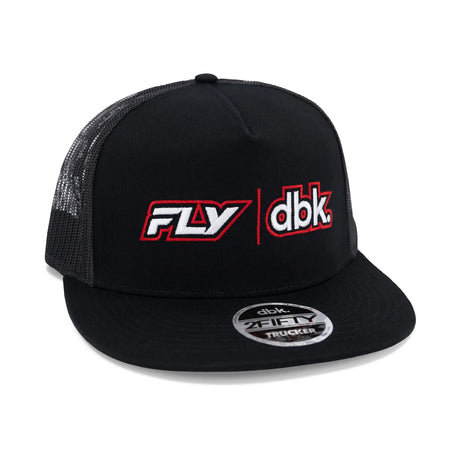 Black trucker cap with mesh back and red/white FLY|dbk logo