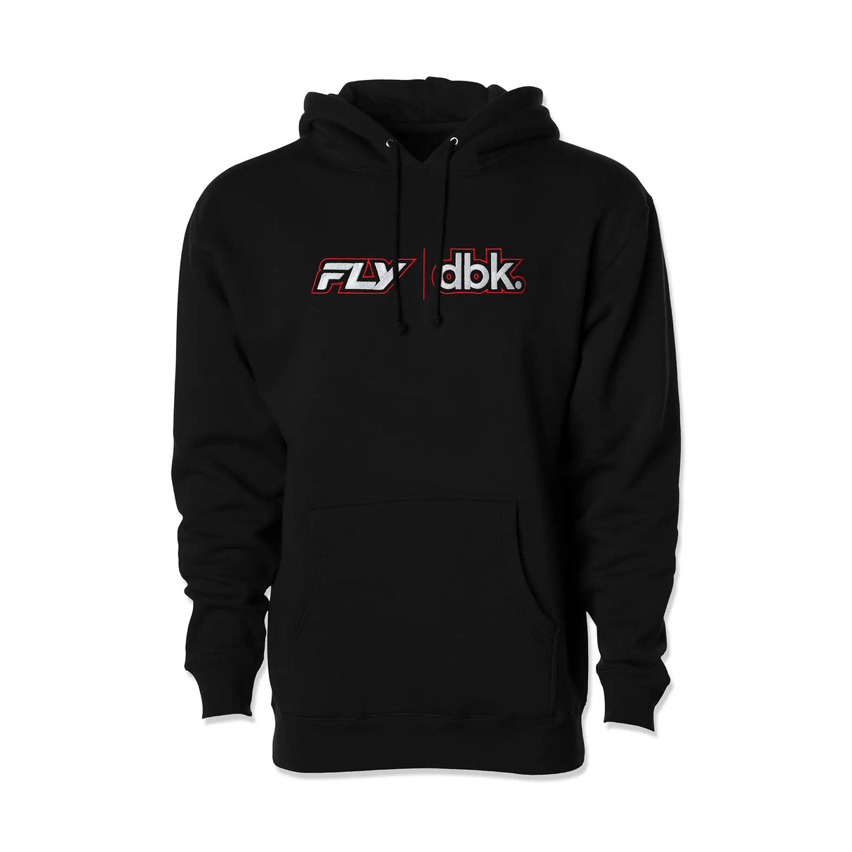 Black FLY x dbk hoodie with kangaroo pocket and drawstring hood, chest logo print