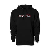 Black FLY x dbk hoodie with kangaroo pocket and drawstring hood, chest logo print