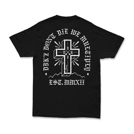 Black tee with large back cross graphic and arched white text