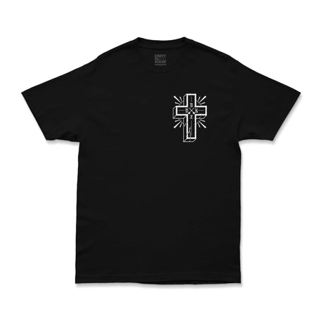 Black T-shirt front with centered cross logo in white line art