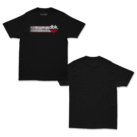 Two black FLY x DBK Driven Tees, one with front graphic, one plain